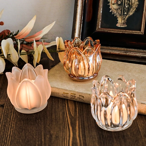 Glass Tulip Lotus Candle Holder Vintage Flower Candlestick For Desktop Dining Table Wedding Romantic Decor Home Ornament