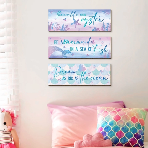 Decorazione Murale in Legno Sirena Acquerello Tema Nautico Citazioni Ispiratrici Segni Appesi Arte Oceano per Ragazze