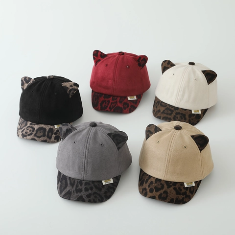 Kids Baseball Cap Suede Leopard Print Cat Ears Autumn Winter Warm Peaked Hat Fashion For Toddler Boys Girls