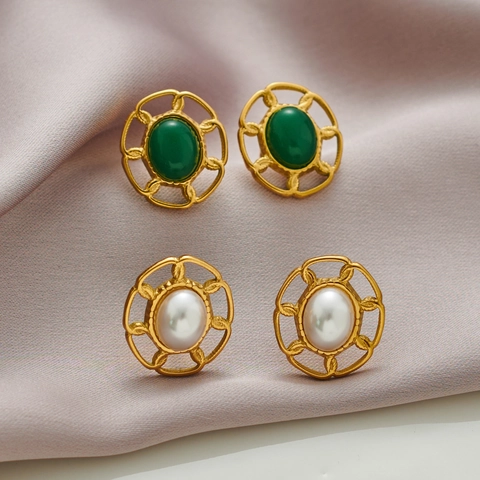 Vintage Edelstahl Oval Künstliche Perle Türkis Ohrstecker Für Damen Retro Vergoldet Mode Schmuck Zubehör