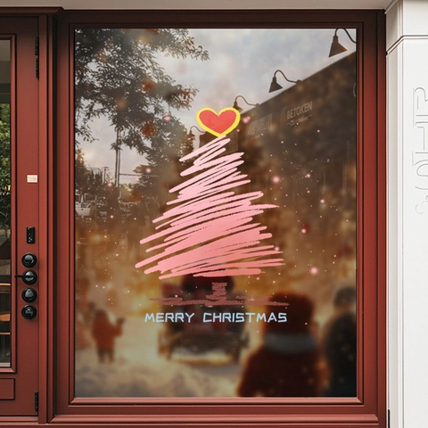 Pink Christmas Tree Window Sticker Static Cling PVC Glass Decal Hand Drawn Graffiti Style Heart Merry Christmas Decor