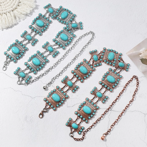 Vintage Bohemian Alloy Waist Chain With Artificial Turquoise Inlay Engraved Western Ethnic Belt For Women Dresses Jewelry