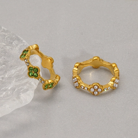 Anello Quadrifoglio Acciaio Inossidabile Placcato Oro 18K Con Strass E Perla Artificial Sintetica Gioielli Eleganti Per Donna