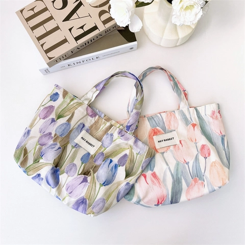 Damen Canvas Handtasche Tulpen Blumenmuster Baumwolle Tote Klein Frisch Süß Ins Stil Tragbare Tasche