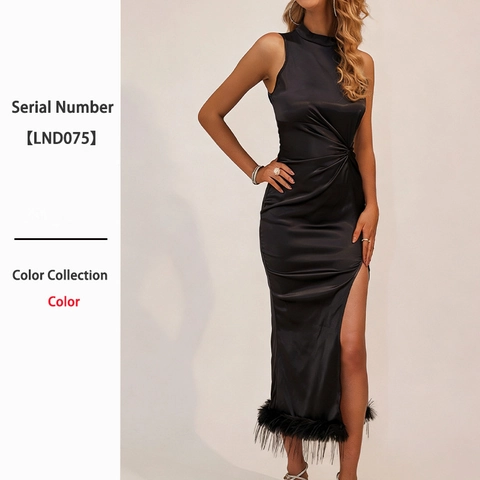 Elegante Abito Lungo In Raso Con Scollo All Americana E Bordo In Piume Spacco Alto Vestito Da Sera Arricciato Per Donna