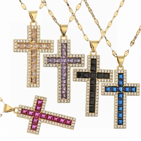 Collana Pendente Croce Rame Micro-Pavé Zirconia Gioielli Religiosi Moda Accessori Eleganti Donne