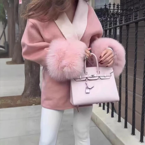 Abrigo De Lana Para Mujer Con Puños De Piel Sintética Cuello De Solapa En Contraste Cintura Atada Chaqueta Elegante