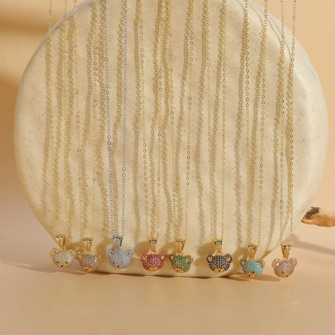 Bear Head Pendant Necklace Copper Zircon Micro Pave Clavicle Chain Ins Style Cute Jewelry For Women