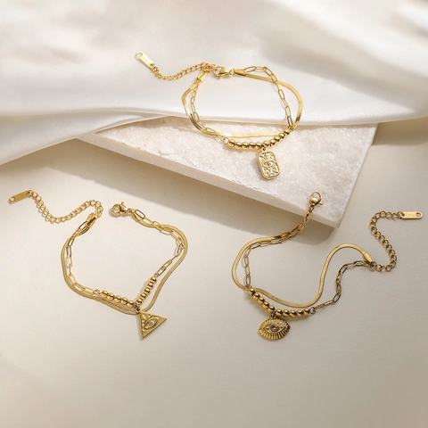 Bracciale Doppio Strato Malocchio Acciaio Inossidabile Placcato Oro Stile Bohémien Retrò Gioielli Donna Catena