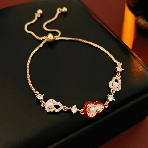 Vintage Chinese Style Adjustable Bracelet Gold Plated Alloy Imitation Artificial Pearl Zircon Enamel Gourd Heart Ruyi Pendant Women Jewelry