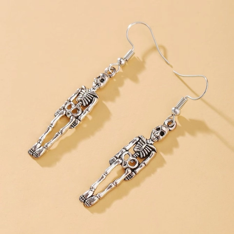 Orecchini Pendenti Scheletro Teschio Lega Finitura Argento Antico Gotico Punk Halloween Gioielli Hip Hop Donne Uomini