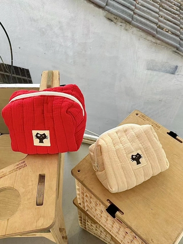 Trousse De Toilette En Coton Matelassé Sac À Maquillage Portable Avec Écusson Chat Grande Capacité Organisateur Zippé Style Japonais