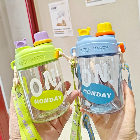 Children Straw Water Bottle Plastic Portable Double Drink Cup With Adjustable Crossbody Strap Cartoon Leakproof Outdoor
