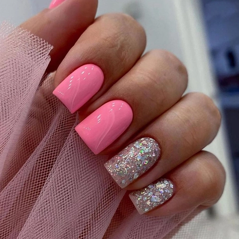 Faux Ongles À Presser Rose Doux Avec Paillettes Argentées Ongles Artificiels Carrés Pour Femmes Et Jeunes Filles