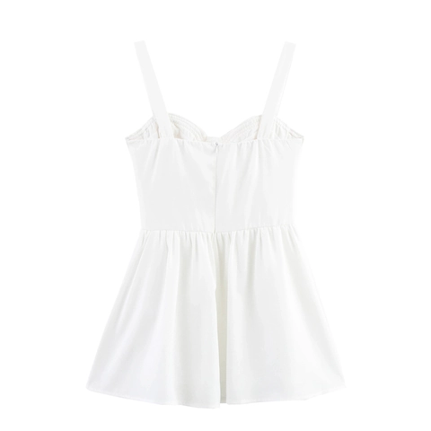 White Camisole Mini Kleid Mit Geflochtener Kordel Verzierung Spaghettiträger Hohe Taille Plissierter Saum Süß Damen