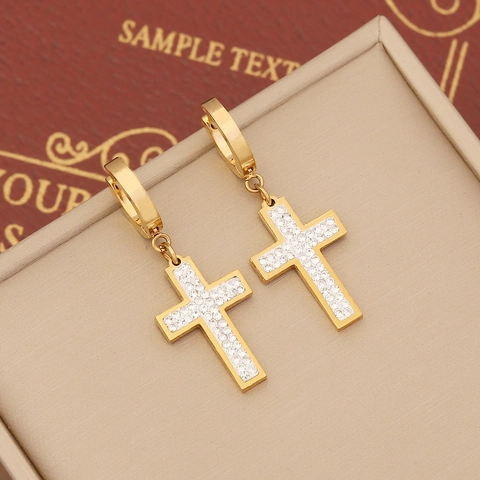 Fashion Dangle Hoop Earrings For Women Stainless Steel Gold Plated Full Zircon Cross Heart Bear Flower Eye Sparkly Trendy