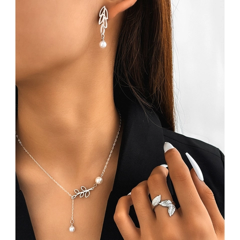 Elegante Halskette Ohrringe Und Ring Aus Edelstahl Mit Blättern Künstliche Perlen Kollektion Für Stilvolle Damen Mode