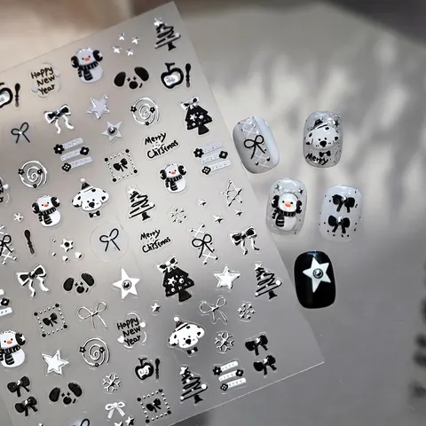 Pegatinas Uñas Navidad Relieve 3D Estampado Plata Blanco Negro Muñeco Nieve Perro Lazo Estrella Decoración Manicura