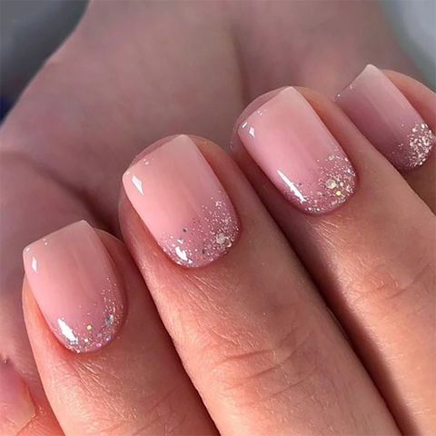 Press On Nägel Kurz Quadratisch Rund Nude Rosa Silber Glitzer Verlauf Glänzend Reverse French Stil Für Damen