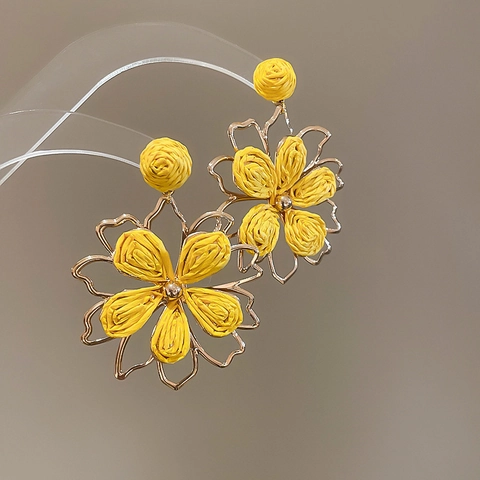 Boucles D'oreilles Pendantes Bohème Fleur Étoile De Mer En Raphia Tissé Pour Femmes Style Vacances À La Plage Avec Tige En Argent