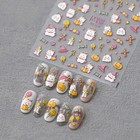 Stickers Ongles Halloween 3D Gaufrés PET Auto-Adhésifs 5D Relief Dessin Animé Citrouille Fantôme Chauve-Souris