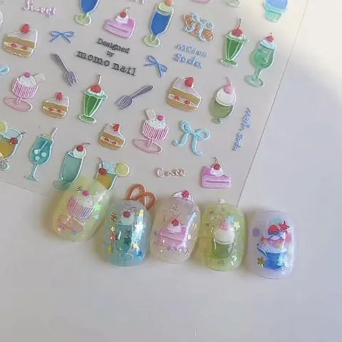 Tomoni Dulces Calcomanías para Uñas con Relieve 3D Postre Kawaii Bebida Fría Fresa Lazo Calcomanías Autoadhesivas para Uñas Mujer Niños