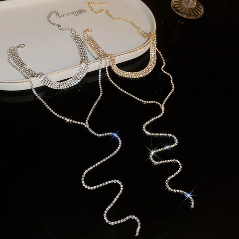 Collar Gargantilla Con Borlas De Diamantes De Imitación Lujo Doble Capa Cadena Larga En Y Joyas De Fiesta Para Mujer