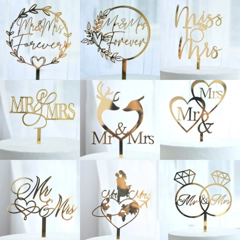 Wedding Cake Topper Mr And Mrs Acrylic Wood Mirror Gold Silver Rose Gold Heart Engagement Party Decor Anniversary
