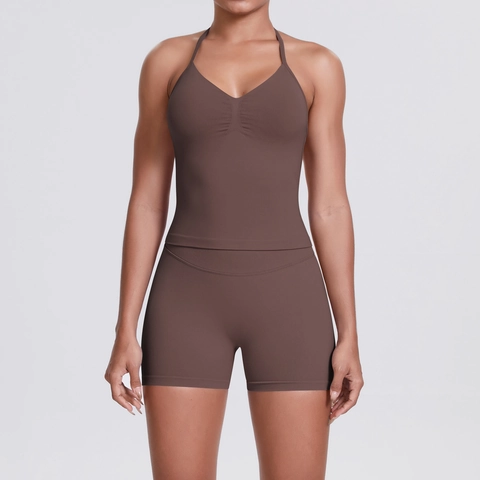 Women Yoga Two Piece Set Halter V-Neck Vest And High Waist Shorts Seamless Ribbed Running Fitness Sportswear Slim Fit