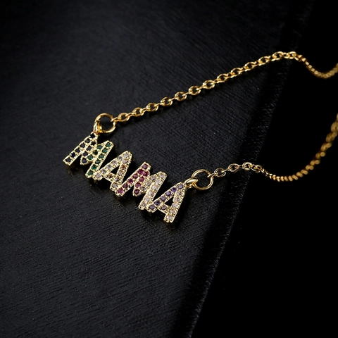 Mama Pendant Necklace 18K Gold Plated Copper Colorful Cubic Zirconia Letter Jewelry Mothers Day Gift For Women