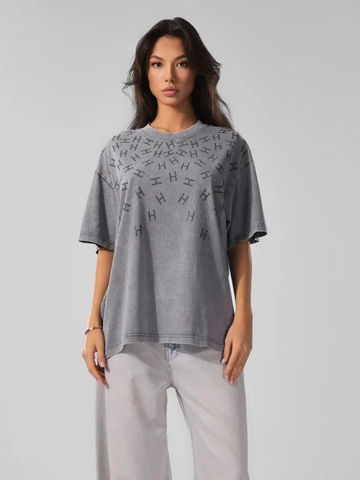 Damen Oversized Baumwoll T-Shirt Vintage Washed Strass H Muster Drop Shoulder Lockeres Casual Oberteil