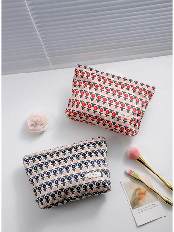 Florale Kosmetiktasche Cord Jacquard Tragbare Reise Make-up Tasche Große Kapazität Vintage Tulpenmuster Für Damen
