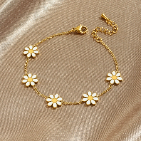 Bracelet Marguerite Chaîne En Acier Inoxydable Avec Pendentifs Floraux En Émail Réglable Pour Femmes Bijoux Style Coréen