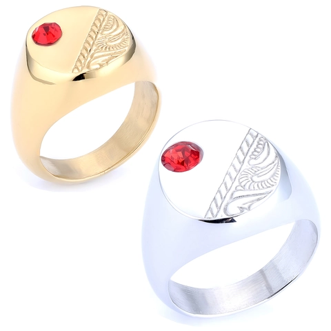 Vintage Signet Ring Stainless Steel With Red Rhinestone Carved Feather Pattern Polished Retro Style For Men Unisex