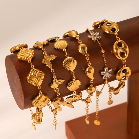 Elegante Bracciale In Acciaio Inossidabile Placcato Oro 18K Farfalla Zircone Fiore Conchiglia Catena Geometrica Gioielli