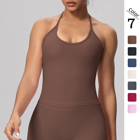 Halter Neck Sports Vest Backless Tie Up Yoga Bra High Elastic Slim Fit Workout Top For Women Solid Color
