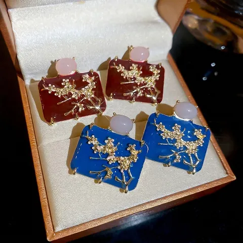 Vintage Chinesischer Stil Pflaumenblüten Rechteck Ohrstecker Mit 925 Sterling Silver Earring Post Legierung Emaille