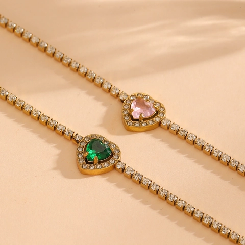 Bracelet Tennis Pierre Gemme Cœur Acier Inoxydable Plaqué Or Strass Forme Cœur Bijou Réglable Pour Femme