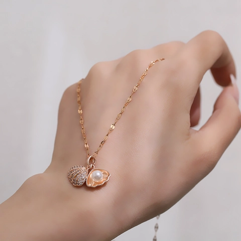 Shell Artificial Pearl Pendant Necklace Titanium Steel Zircon Elegant Korean Style Jewelry For Women