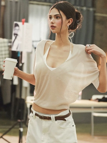 Women Sheer V Neck Long Sleeve Top Polyester Spandex See Through Batwing Knit Blouse Loose Fit Streetwear