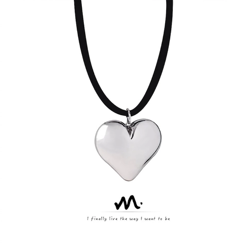 Puffed Heart Pendant Necklace Titanium Steel With Adjustable Black Suede Cord Minimalist Y2K Jewelry For Women