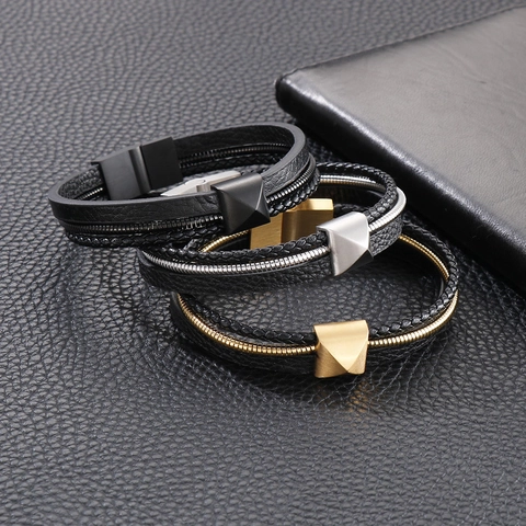 Bracciale Pelle Intrecciata Multistrato Uomo Acciaio Inossidabile Chiusura Magnetica Punk Borchie Piramidali Catena Serpente