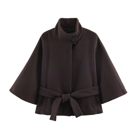Women Chic Short Coat Woolen Texture Stand Collar Wide Sleeves Fashionable Belted Outerwear Solid Coffee