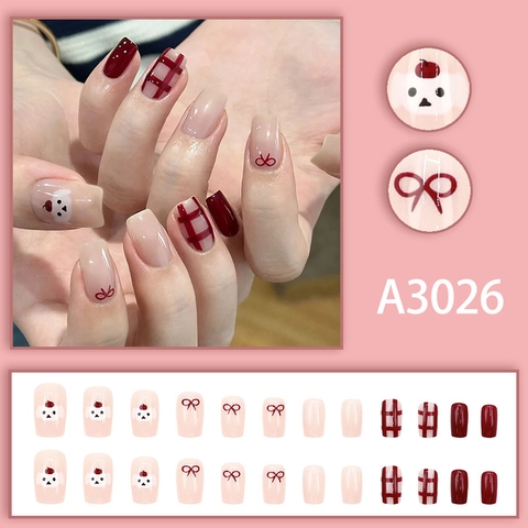 Press On Nails Red Checkerboard Bows Cartoon Puppy Design Short Square False Nail Tips For Women Sweet Korean Style