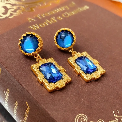 Vintage Geometrische Hängeohrringe Mit 925 Sterling Silber Ohrstecker Kupfer Blaue Harzstein High End Schick Für Damen