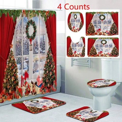 Christmas Bathroom Decor Waterproof Polyester Shower Curtain And Non Slip Flannel Rug Mat Reindeer Santa Snowflake Pattern Holiday