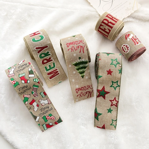 Weihnachts Juteband Drahtkante Für DIY Schleifen Weihnachtsbaum Dekoration Leinenstoff Geschenkverpackung Schneeflocke Rentier Muster
