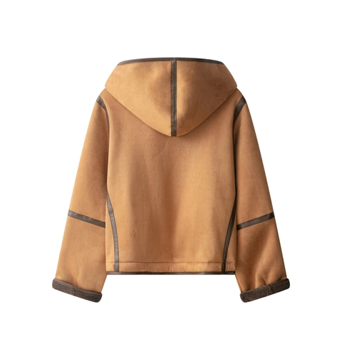 Giacca In Finta Pelle Scamosciata Da Donna Fodera In Lana D'Agnello Cappuccio Bottone Alamaro Cappotto