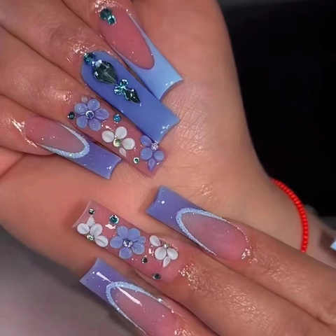 Uñas Postizas Press On Largas Cuadradas French Tip Flores 3D Degradado Azul Púrpura Con Pedrería Para Mujeres
