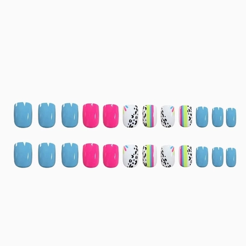 Press On Nails Glossy Leopard Print Colorful Stripes Square Round Artificial False Nails For Women